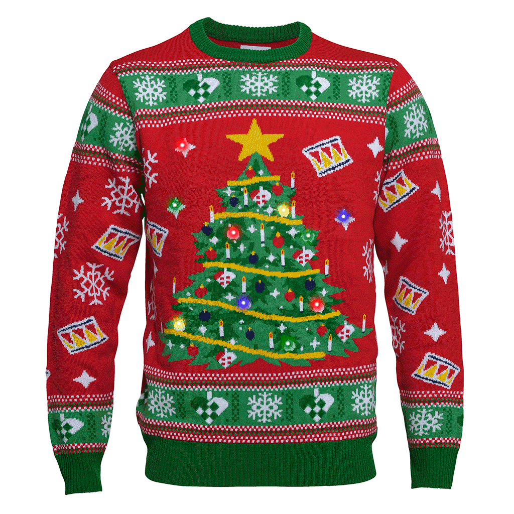 Een rode en groene met een knipperende kerstboom.