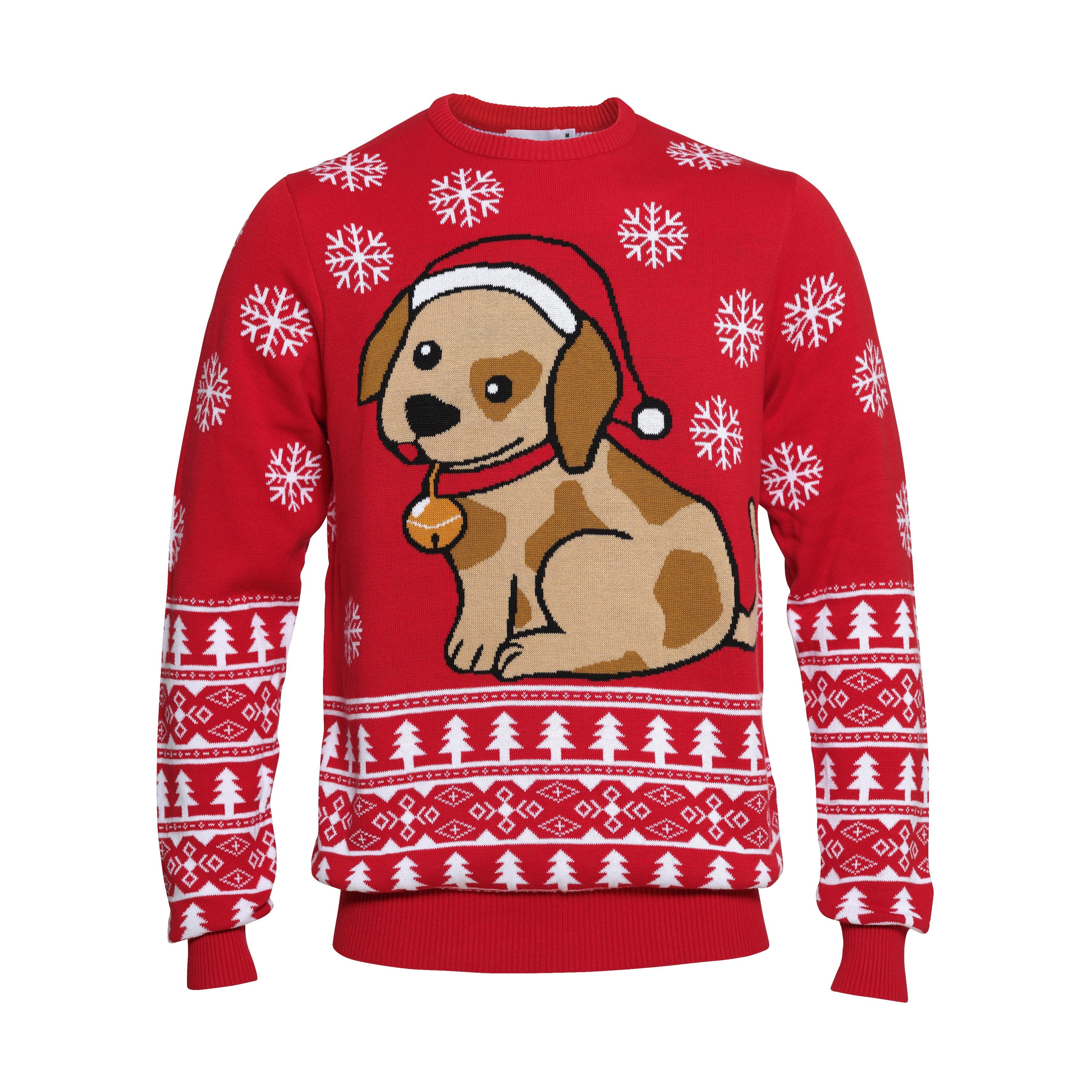 Een rode kersttrui met een hond erop.