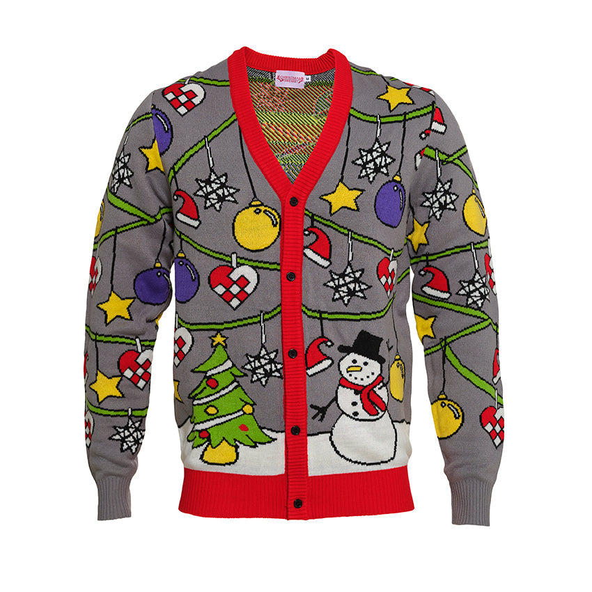 En farverig julecardigan.